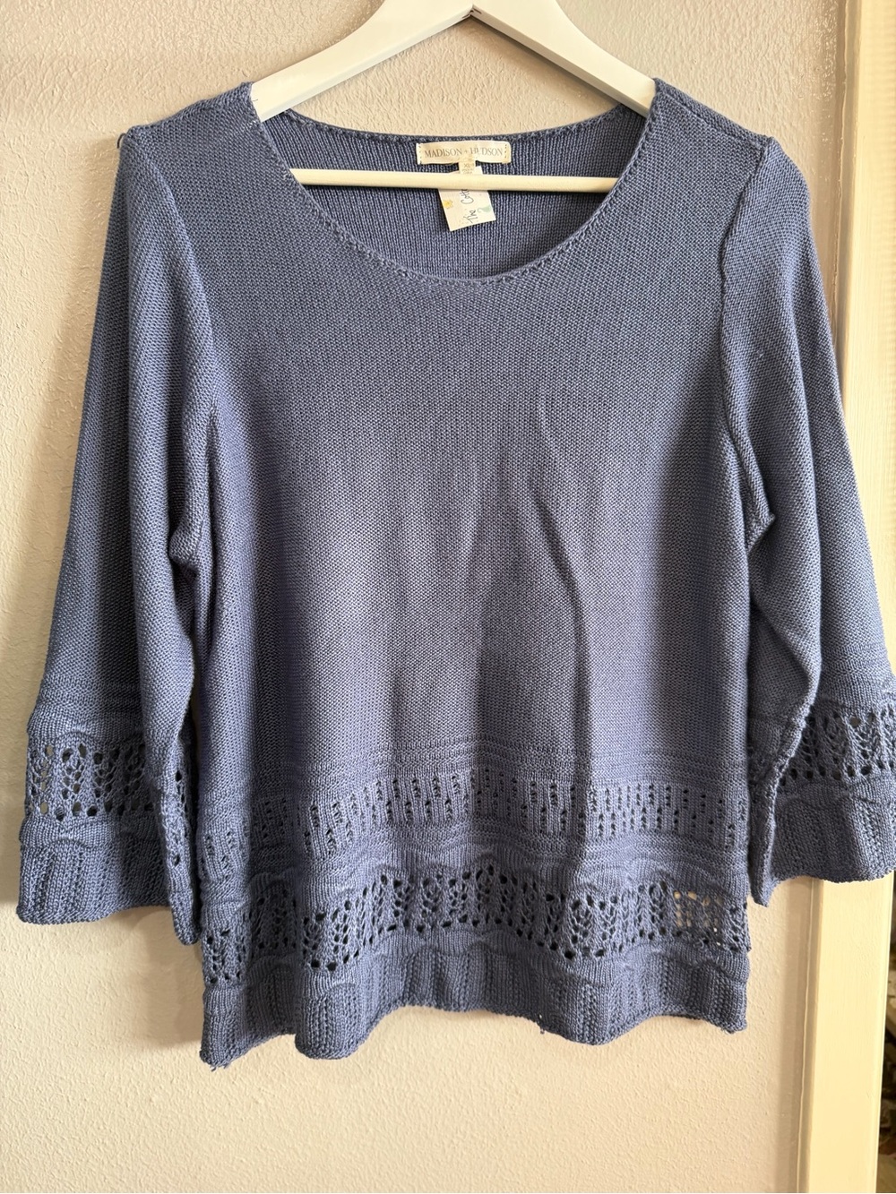 Crochet-Hem Scoop Neck Sweater in Dusty Blue